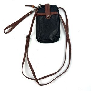 The Sak Iris North South Crossbody Wallet Bag Black Brown Leather Wristlet Strap